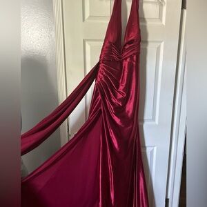 Ladivine by Cinderella Divine Burgundy satin halter slit dress